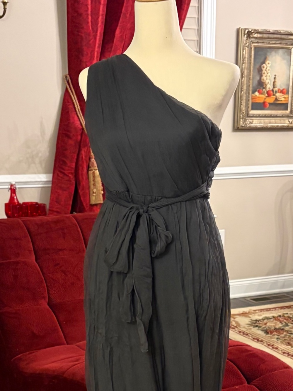 Elegant One-Shoulder Black Silk Maxi Dress